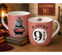Taza de porcelana de 300 ml con asa en forma de corazón, diseño "Hogwarts Express" o "Back to Hogwarts", disponible en rosa o gris.