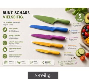 DR Home Division – Ensemble de 5 ustensiles de cuisine et couteaux avec protège-lames – Couteaux en acier inoxydable avec revêtement antiadhésif – 9857684 – Multicolore