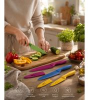 DR Home Division – Set da cucina da 5 pezzi con utensili e coltelli, completo di coprilama – Coltelli in acciaio inossidabile con rivestimento antiaderente – 9857684 – Multicolore