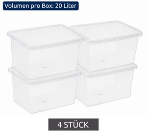 4er Sparpack plast team Aufbewahrungsbox Basic 20 Liter Stapelbare Vorratsboxen mit Deckel Stapel-Box 8364232 Weiß/Transparent