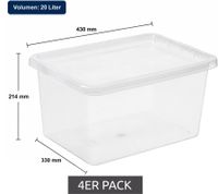 4er Sparpack plast team Aufbewahrungsbox Basic 20 Liter Stapelbare Vorratsboxen mit Deckel Stapel-Box 8364232 Weiß/Transparent
