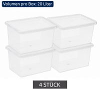 4er Sparpack plast team Aufbewahrungsbox Basic 20 Liter Stapelbare Vorratsboxen mit Deckel Stapel-Box 8364232 Weiß/Transparent