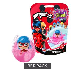 3er Sparpack GLIBBI Miraculous Surprise gefüllte Kinder Badebomben mit Miraculous Sammelfiguren ab 3 Jahren 100gr 105953972 Blau, Grün, Pink oder Orange