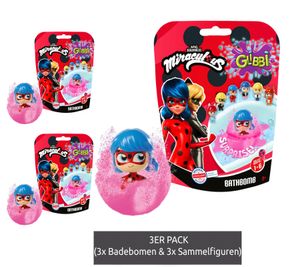 3er Sparpack GLIBBI Miraculous Surprise gefüllte Kinder Badebomben mit Miraculous Sammelfiguren ab 3 Jahren 100gr 105953972 Blau, Grün, Pink oder Orange