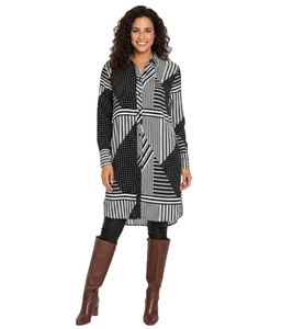 Modische Long-Bluse mit mit modernem Patchwork-Design Hemd-Bluse Langarm-Bluse 913770 Weiß/Schwarz