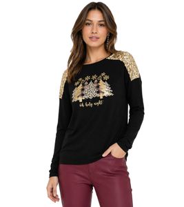 Damen Langarm-Pullover mit Weihnachts-Muster Shirt mit Pailletten Longsleeve mit Glitzer-Aufdruck 956436 Schwarz/Gold