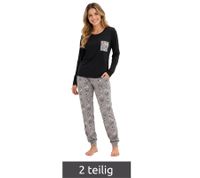 Damen Pyjama Schlaf-Anzug aus reiner Baumwolle mit weihnachtlichen Druck Pyjama-Set 946666 Schwarz/Grau