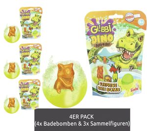 4er Pack GLIBBI DINO Surprise gefüllte Kinder Badebomben mit Dinosaurier Sammelfiguren ab 3 Jahren 100gr 105953717 Blau, Grün oder Orange