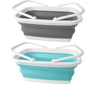 Panier à linge pliable 16 litres, gain de place, avec poignées, coloris gris/blanc et bleu/blanc