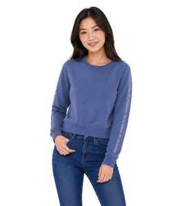 bruno banani Damen Rundhals-Pullover mit Marken-Schriftzug an Ärmel verlaufend Baumwoll-Sweater Langarm-Shirt Blau