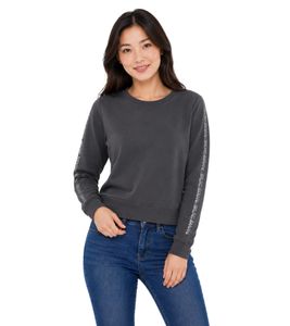 bruno banani Damen Rundhals-Pullover mit Marken-Schriftzug an Ärmel verlaufend Baumwoll-Sweater Langarm-Shirt Anthrazit