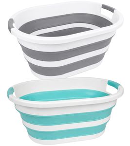 Foldable Laundry Basket (26 Liters) – Space-Saving Laundry Bin with Handles in Gray/White or Blue/White