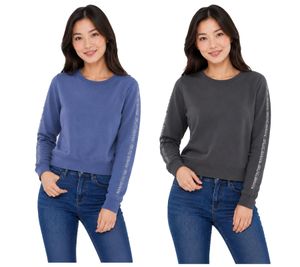 bruno banani Damen Rundhals-Pullover mit Marken-Schriftzug an Ärmel verlaufend Baumwoll-Sweater Langarm-Shirt in Blau oder Anthrazit