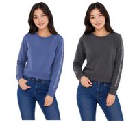 bruno banani Damen Rundhals-Pullover mit Marken-Schriftzug an Ärmel verlaufend Baumwoll-Sweater Langarm-Shirt in Blau oder Anthrazit