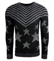 Modischer Herren Rundhals-Pullover im "USA Stars & Stripes"-Design Strick-Sweater 6263 in Blau, Beige, Schwarz oder Grau