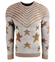 Modischer Herren Rundhals-Pullover im "USA Stars & Stripes"-Design Strick-Sweater 6263 in Blau, Beige, Schwarz oder Grau