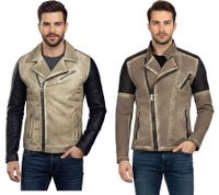 Men's Casual Biker Jacket – Washed Design with Faux Leather Sleeves – Slim Fit Transitional Jacket in Beige or Camel