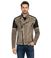 Men's Casual Biker Jacket – Washed Design with Faux Leather Sleeves – Slim Fit Transitional Jacket in Beige or Camel