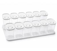 Set di 24 contenitori in plastica per spezie con coperchi e supporti, 250 ml ciascuno, per spezie, erbe aromatiche, pepe e sale, trasparente/bianco
