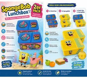 2er Pack SpongeBob Schwammkopf Brotdose Brot-Aufbewahrungsbox ca. 1,4 Liter Lunchbox mit Patrick Star-Motiv in Rosa/Blau oder mit SpongeBob-Motiv Gelb