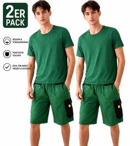 PUREWORK Men's Work Shorts – 2-Pack (6-Pocket Cargo Bermudas) – Sustainable Work & Gardening Shorts – Green/Black/Yellow