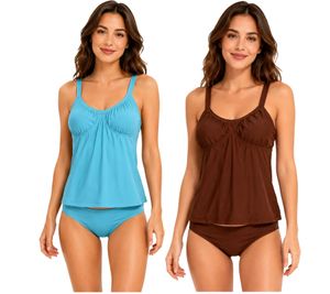 2-Piece Women's Tankini Set – Swimwear with Lined Cups (Tankini Top & Bottom) for Beach & Summer – Available in Blue or Brown