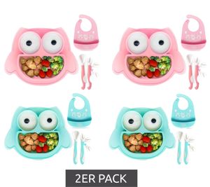 2er Pack Rutschfestes Brunoko Silikon-Babyteller 3-in-1 Baby-Tellerset + Babylöffel + Lätzchen mit Auffangschale aus Silikon BPA-frei Rosa oder Mint-Grün