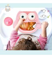 Set di 2 piatti antiscivolo in silicone Brunoko 3 in 1 per bambini: piatto + cucchiaio + bavaglino con vassoio raccogli-gocce in silicone, senza BPA, rosa o verde menta