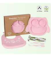 Set di 2 piatti antiscivolo in silicone Brunoko 3 in 1 per bambini: piatto + cucchiaio + bavaglino con vassoio raccogli-gocce in silicone, senza BPA, rosa o verde menta