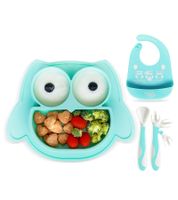 Set di 2 piatti antiscivolo in silicone Brunoko 3 in 1 per bambini: piatto + cucchiaio + bavaglino con vassoio raccogli-gocce in silicone, senza BPA, rosa o verde menta