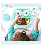 Set di 2 piatti antiscivolo in silicone Brunoko 3 in 1 per bambini: piatto + cucchiaio + bavaglino con vassoio raccogli-gocce in silicone, senza BPA, rosa o verde menta