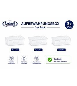 3er Set Tontarelli Aufbewahrungsbox je 9,6 Liter Fassungsvermögen Stapelbare Vorratsboxen mit Deckel 36 x 26,4 x 19,5 cm Transparent/Weiß