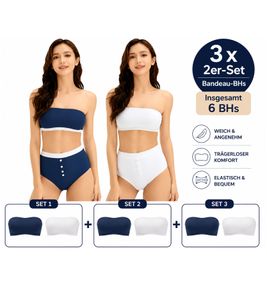 Set da 3 pezzi di reggiseni a fascia da donna, senza spalline, in cotone biologico, senza ferretto, blu/bianco