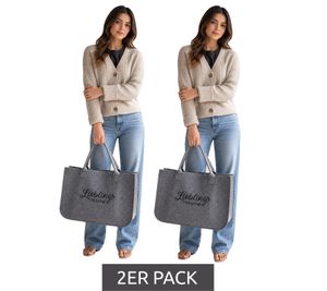 Set di 2 borse shopper in feltro Favorite da donna, eleganti e ricamate, 50x35x25 cm, grigie