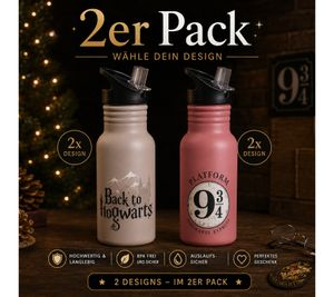 2er Pack Harry Potter Trinkflasche „Hogwarts Express“ oder „Back to Hogwarts“ 500 ml Edelstahl Trinkflasche im magischen Design Rosa oder Grau