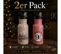2er Pack Harry Potter Trinkflasche „Hogwarts Express“ oder „Back to Hogwarts“ 500 ml Edelstahl Trinkflasche im magischen Design Rosa oder Grau