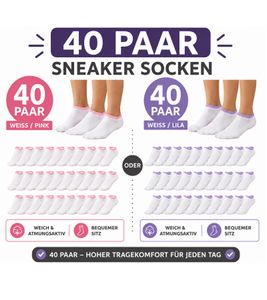 40 Pairs of Women's Sneaker Socks – Opaque 90-Denier Warm Cotton Socks (White/Pink or White/Lilac)