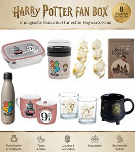 Harry Potter Geschenkbox mit 8 Fanartikeln – Brotdose, Isolierflasche, Tassen, Gläser, Lunchbox & Zubehör