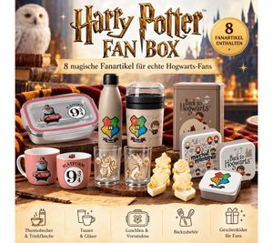 Harry Potter Geschenkbox mit 8 Fanartikeln – Brotdose, Isolierflasche, Tasse, Gläser, Lunchbox & Zubehör