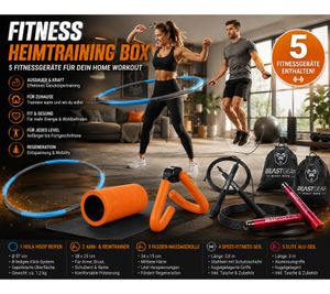 Fitness Heimtraining Box für Zuhause mit 5 Fitnessgeräten für dein Workout – Hula Hoop, Arm- & Beintrainer, Faszienrolle & 2 Springseile
