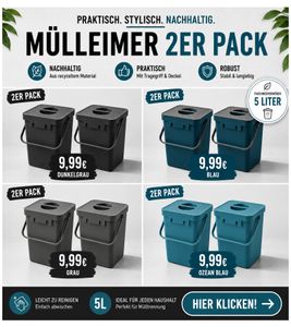 2er Pack Bio-Abfall-Eimer 5 Liter mit Tragehenkel Mülleimer Haushalt 24x16 x15 cm Grau, Blau oder Blau/Grau