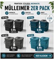 2er Pack Bio-Abfall-Eimer 5 Liter mit Tragehenkel Mülleimer Haushalt 24x16 x15 cm Grau, Blau oder Blau/Grau