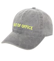 Eye-catching ZWILLINGSHERZ Classic baseball cap featuring "OUT OF OFFICE" lettering; adjustable cotton cap (model 4603M K5404) in grey or dark blue
