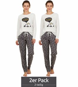 Pijama de mujer Soft Sheepworld, conjunto de 2 piezas de algodón con estampado de corona y prosecco, top y pantalón, 9860552 Gris/Blanco/Multicolor