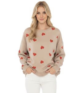 ZWILLINGSHERZ Women's Small-Heart Print Sweatshirt – Crew Neck Winter Pullover (Beige/Red, 47056-29)