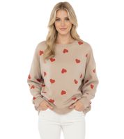 ZWILLINGSHERZ Women's Small-Heart Print Sweatshirt – Crew Neck Winter Pullover (Beige/Red, 47056-29)
