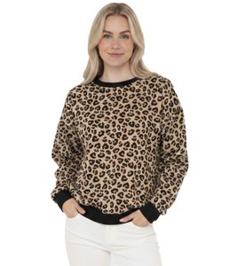 ZWILLINGSHERZ Women's Leopard Print Sweat-Style Sweater – All-Over Animal Print, Crew Neck, Winter Pullover (47053-29 Beige/Black)