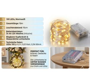 Guirnalda de luces LED STERN FABRIK Micro, resistente al agua, para interiores, con temporizador, 10 metros, 100 bombillas LED micro de luz blanca cálida, cable LED 8957695