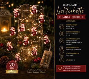 Guirnalda de luces LED LIGHT MOMENTS impermeable con diseño de calcetín de Papá Noel, función de temporizador, 2,2 metros, 20 micro LEDs blanco cálido, 9843954 Plata