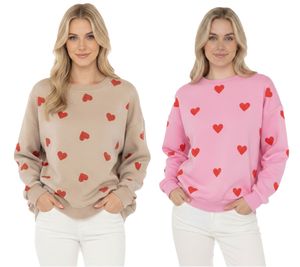 ZWILLINGSHERZ Women's Heart-Print Sweat-Style Sweater – Crew Neck Winter Pullover (Model 47056: Beige/Red or Pink/Red)